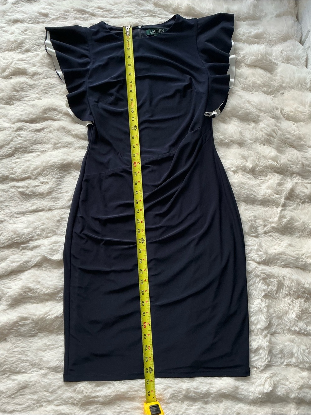 Lauren Ralph Lauren Navy Midi Sheath Dress with White-Trim Flutter Sleeves - Picture 3 of 8